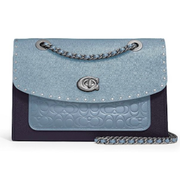 NWT Coach Parker Mixed Media Studded Convertible Mist Blue Multi Shoulder Bag